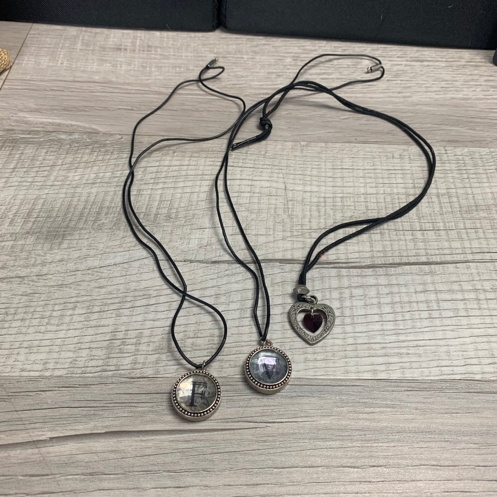 Lot of 3 Gothic Heart and Cabochon Pendant Necklaces Black Cord 24 Inch